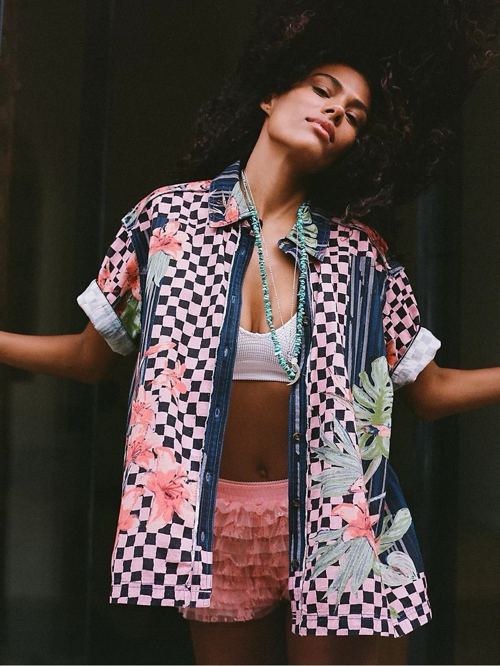 🆕 We The Free | Retro Tropics Shirt | Linen Blend | Floral Checkered